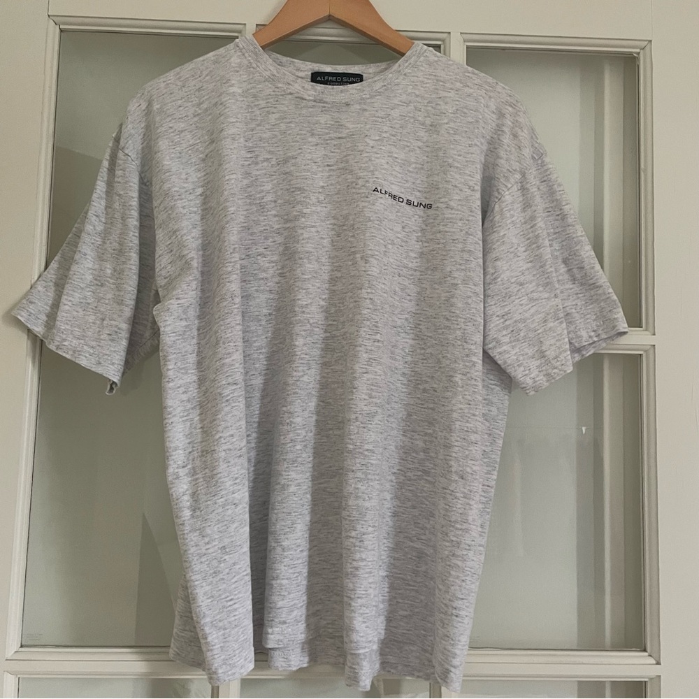 Alfred Sung Collection grey brand name logo short sleeve 100% cotton t-shirt M